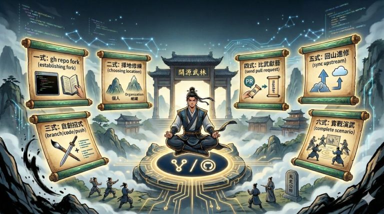 GitHub Fork 開源協作流程圖：從 Fork 到 Pull Request 的武俠風格示意圖