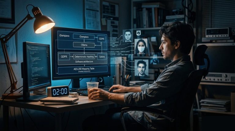 工程師在深夜閱讀 AI 脫敏架構設計文章，螢幕上顯示 iDempiere 四層架構圖