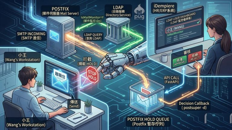 小王的離職信被 Postfix 攔截示意圖